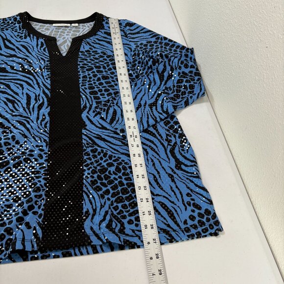 Susan Graver Liquid Knit Tunic Top Size M Blue Animal Print Sparkles 3/4 Sleeve - Picture 12 of 13